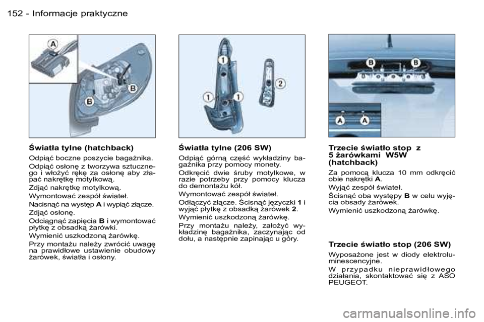 PEUGEOT 206 2006  Instrukcja obsługi (in Polish) �I�n�f�o�r�m�a�c�j�e� �p�r�a�k�t�y�c�z�n�e�1�5�2 �-
:�w�i�a�t�ł�a� �t�y�l�n�e� �(�2�0�6� �S�W�)
�O�d�p�i"�ć�  �g�ó�r�n"�  �c�z
;�ć�  �w�y�k�ł�a�d�z�i�n�y�  �b�a�- 
�g�aG�n�i�k�a� �p