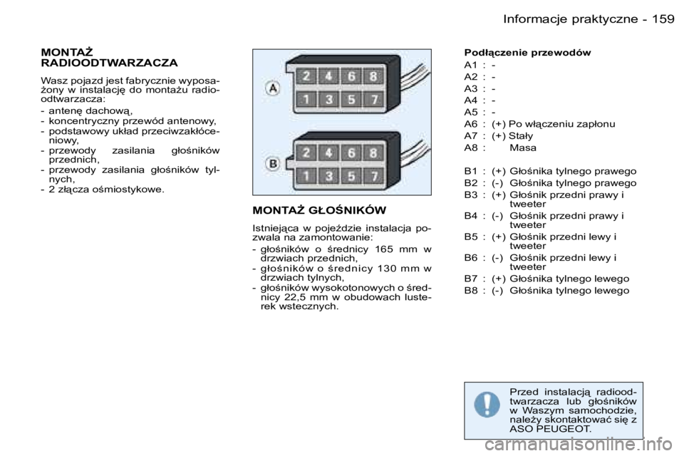 PEUGEOT 206 2006  Instrukcja obsługi (in Polish) �1�5�9�I�n�f�o�r�m�a�c�j�e� �p�r�a�k�t�y�c�z�n�e�-
�M�O�N�T�AF� �G�Ł�O:�N�I�K�Ó�W
�I�s�t�n�i�e�j"�c�a�  �w�  �p�o�j�eE�d�z�i�e�  �i�n�s�t�a�l�a�c�j�a�  �p�o�- 
�z�w�a�l�a� �n�a� �z�a�m�o�n�t