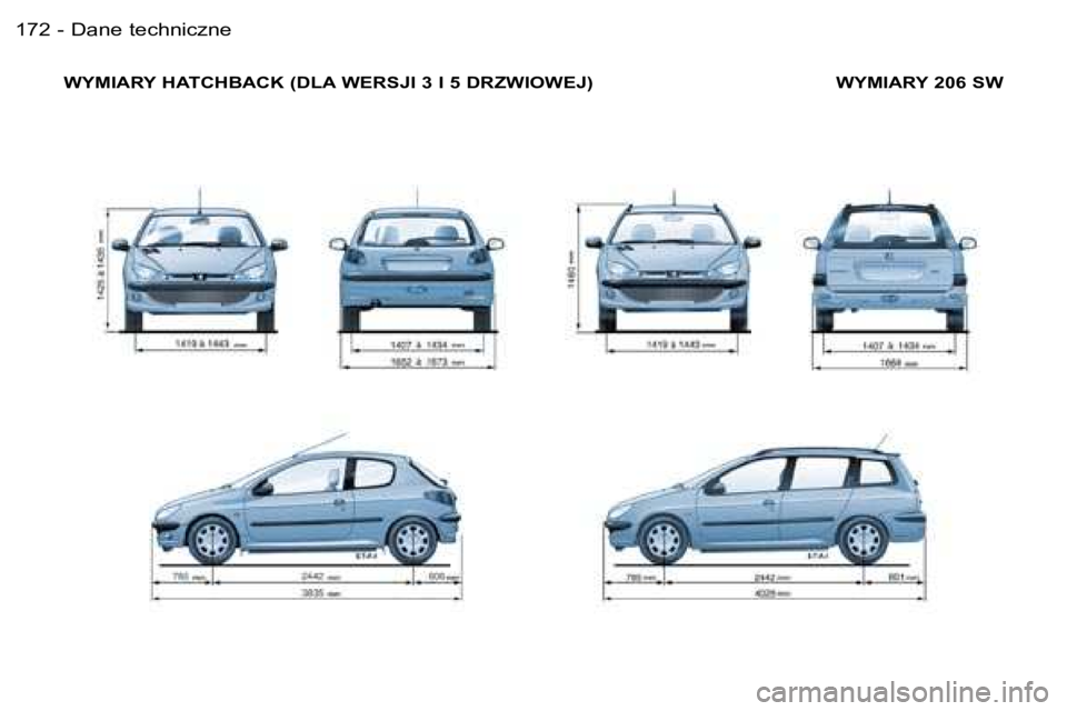 PEUGEOT 206 2006  Instrukcja obsługi (in Polish) �D�a�n�e� �t�e�c�h�n�i�c�z�n�e�1�7�2 �-
�W�Y�M�I�A�R�Y� �H�A�T�C�H�B�A�C�K� �(�D�L�A� �W�E�R�S�J�I� �3� �I� �5� �D�R�Z�W�I�O�W�E�J�) �W�Y�M�I�A�R�Y� �2�0�6� �S�W  