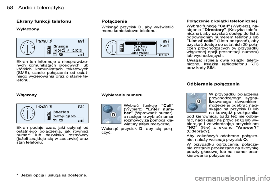 PEUGEOT 206 2006  Instrukcja obsługi (in Polish) �5�8 �-�A�u�d�i�o� �i� �t�e�l�e�m�a�t�y�k�a
�E�k�r�a�n�y� �f�u�n�k�c�j�i� �t�e�l�e�f�o�n�u
�W�y�ł"�c�z�o�n�y 
�E�k�r�a�n�  �t�e�n�  �i�n�f�o�r�m�u�j�e�  �o�  �n�i�e�s�p�r�a�w�d�z�o�- 
�n�y�c�h� 