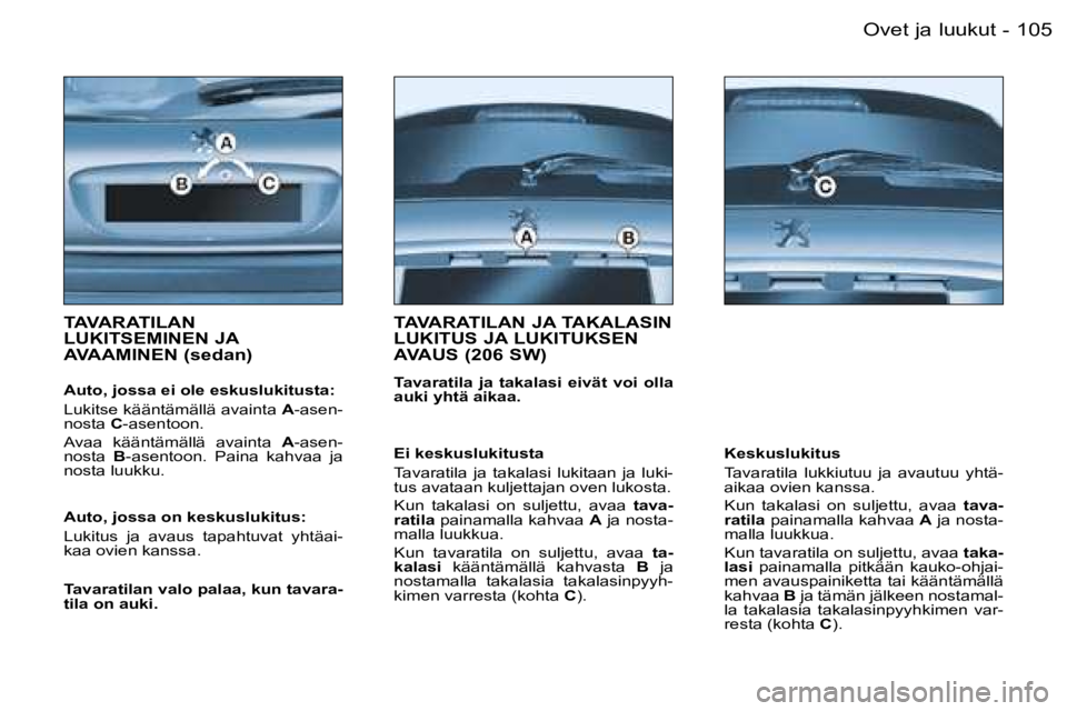 PEUGEOT 206 2006  Omistajan Käsikirja (in Finnish) �1�0�5�O�v�e�t� �j�a� �l�u�u�k�u�t�-
�T�A�V�A�R�A�T�I�L�A�N�  
�L�U�K�I�T�S�E�M�I�N�E�N� �J�A� 
�A�V�A�A�M�I�N�E�N� �(�s�e�d�a�n�)
�A�u�t�o�,� �j�o�s�s�a� �e�i� �o�l�e� �e�s�k�u�s�l�u�k�i�t�u�s�t�a�: 