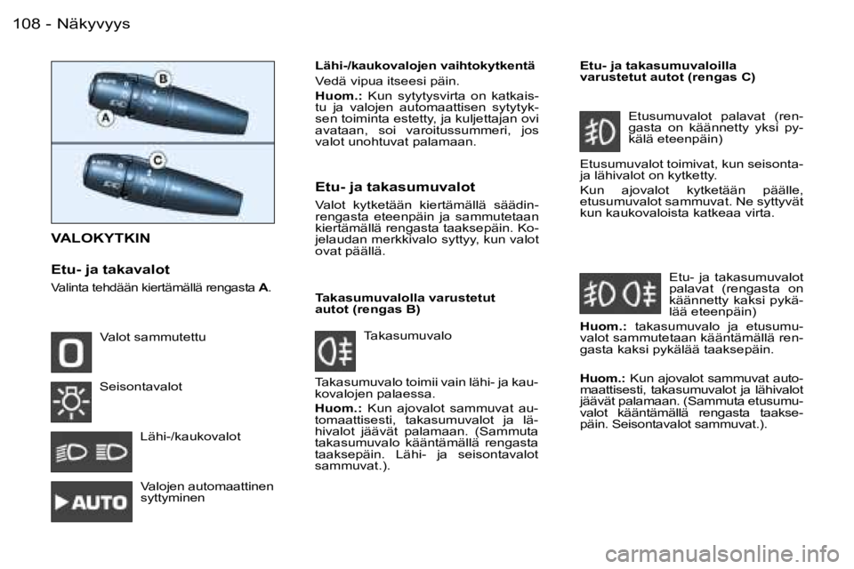 PEUGEOT 206 2006  Omistajan Käsikirja (in Finnish) �N�ä�k�y�v�y�y�s�1�0�8 �-
�V�A�L�O�K�Y�T�K�I�N
�E�t�u�-� �j�a� �t�a�k�a�v�a�l�o�t
�V�a�l�i�n�t�a� �t�e�h�d�ä�ä�n� �k�i�e�r�t�ä�m�ä�l�l�ä� �r�e�n�g�a�s�t�a� �A�.
�L�ä�h�i�-�/�k�a�u�k�o�v�a�l�o�j