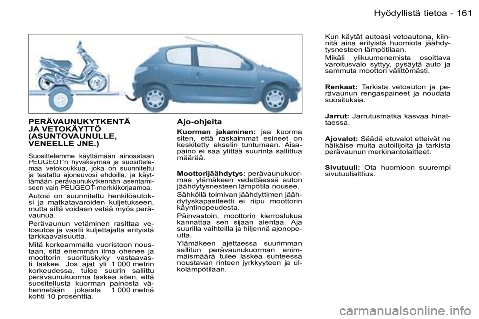 PEUGEOT 206 2006  Omistajan Käsikirja (in Finnish) �1�6�1�H�y�ö�d�y�l�l�i�s�t�ä� �t�i�e�t�o�a�-
�P�E�R�Ä�V�A�U�N�U�K�Y�T�K�E�N�T�Ä�  
�J�A� �V�E�T�O�K�Ä�Y�T�T�Ö� 
�(�A�S�U�N�T�O�V�A�U�N�U�L�L�E�,� 
�V�E�N�E�E�L�L�E� �J�N�E�.�)
�S�u�o�s�i�t�t�e�l
