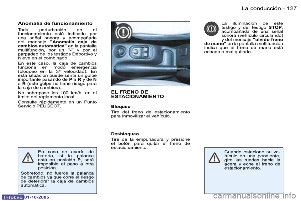 PEUGEOT 206 2005.5  Manual del propietario (in Spanish) �L�a� �c�o�n�d�u�c�c�i�ó�n�1�2�6 �-
�0�1�-�1�0�-�2�0�0�5
�1�2�7�L�a� �c�o�n�d�u�c�c�i�ó�n�-
�0�1�-�1�0�-�2�0�0�5
�E�L� �F�R�E�N�O� �D�E�  
�E�S�T�A�C�I�O�N�A�M�I�E�N�T�O
�B�l�o�q�u�e�o 
�T�i�r�e�  �