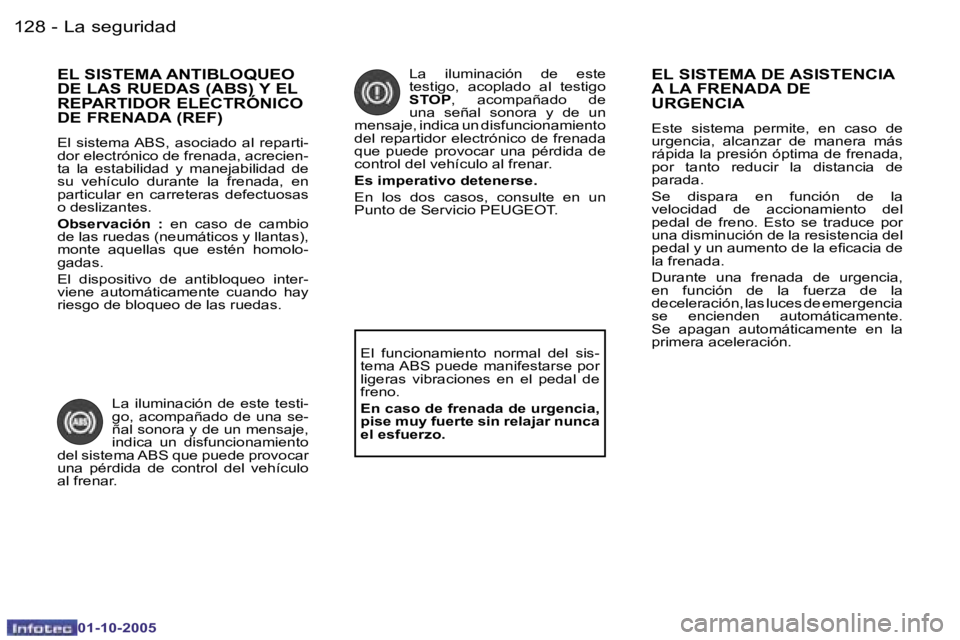 PEUGEOT 206 2005.5  Manual del propietario (in Spanish) �L�a� �s�e�g�u�r�i�d�a�d�1�2�8 �-
�0�1�-�1�0�-�2�0�0�5
�1�2�9�L�a� �s�e�g�u�r�i�d�a�d�-
�0�1�-�1�0�-�2�0�0�5
�E�L� �S�I�S�T�E�M�A� �A�N�T�I�B�L�O�Q�U�E�O�  
�D�E� �L�A�S� �R�U�E�D�A�S� �(�A�B�S�)� �Y�