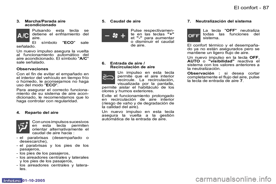 PEUGEOT 206 2005.5  Manual del propietario (in Spanish) �E�l� �c�o�n�f�o�r�t�8�6 �-
�0�1�-�1�0�-�2�0�0�5
�8�7�E�l� �c�o�n�f�o�r�t�-
�0�1�-�1�0�-�2�0�0�5
�3�.�  �M�a�r�c�h�a�/�P�a�r�a�d�a� �a�i�r�e� �a�c�o�n�d�i�c�i�o�n�a�d�o
�P�u�l�s�a�n�d�o�  �e�s�t�a�  �