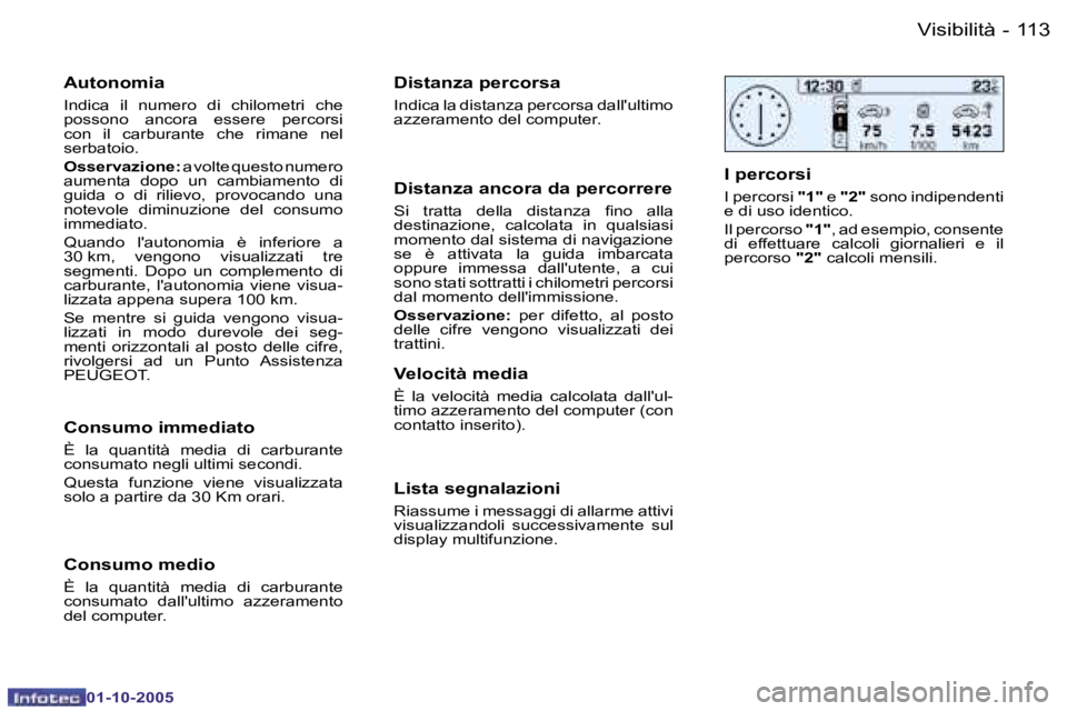 PEUGEOT 206 2005.5  Manuale duso (in Italian) �V�i�s�i�b�i�l�i�t�à�1�1�2 �-
�0�1�-�1�0�-�2�0�0�5
�1�1�3�V�i�s�i�b�i�l�i�t�à�-
�0�1�-�1�0�-�2�0�0�5
�A�u�t�o�n�o�m�i�a
�I�n�d�i�c�a�  �i�l�  �n�u�m�e�r�o�  �d�i�  �c�h�i�l�o�m�e�t�r�i�  �c�h�e�  
�