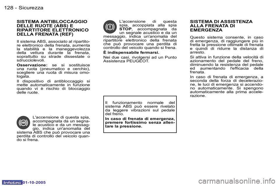 PEUGEOT 206 2005.5  Manuale duso (in Italian) �S�i�c�u�r�e�z�z�a�1�2�8 �-
�0�1�-�1�0�-�2�0�0�5
�1�2�9�S�i�c�u�r�e�z�z�a�-
�0�1�-�1�0�-�2�0�0�5
�S�I�S�T�E�M�A� �A�N�T�I�B�L�O�C�C�A�G�G�I�O�  
�D�E�L�L�E� �R�U�O�T�E� �(�A�B�S�)� �E� 
�R�I�P�A�R�T�I