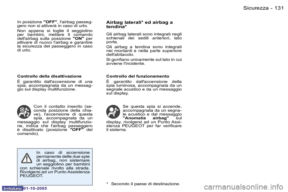 PEUGEOT 206 2005.5  Manuale duso (in Italian) �S�i�c�u�r�e�z�z�a�1�3�0 �-
�0�1�-�1�0�-�2�0�0�5
�1�3�1�S�i�c�u�r�e�z�z�a�-
�0�1�-�1�0�-�2�0�0�5
�I�n� �p�o�s�i�z�i�o�n�e� �"�O�F�F�"�,� �l�'�a�i�r�b�a�g� �p�a�s�s�e�g�-
�g�e�r�o� �n�o�n� 