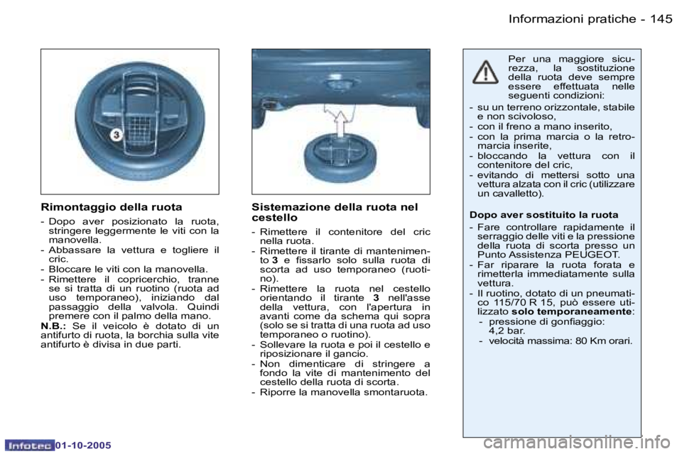 PEUGEOT 206 2005.5  Manuale duso (in Italian) �I�n�f�o�r�m�a�z�i�o�n�i� �p�r�a�t�i�c�h�e�1�4�4 �-
�0�1�-�1�0�-�2�0�0�5
�1�4�5�I�n�f�o�r�m�a�z�i�o�n�i� �p�r�a�t�i�c�h�e�-
�0�1�-�1�0�-�2�0�0�5
�R�i�m�o�n�t�a�g�g�i�o� �d�e�l�l�a� �r�u�o�t�a
�-�  �D�