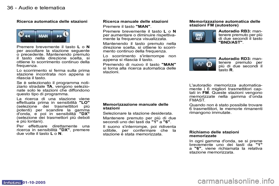 PEUGEOT 206 2005.5  Manuale duso (in Italian) �A�u�d�i�o� �e� �t�e�l�e�m�a�t�i�c�a�3�6 �-
�0�1�-�1�0�-�2�0�0�5
�3�7�A�u�d�i�o� �e� �t�e�l�e�m�a�t�i�c�a�-
�0�1�-�1�0�-�2�0�0�5
�R�i�c�e�r�c�a� �m�a�n�u�a�l�e� �d�e�l�l�e� �s�t�a�z�i�o�n�i 
�P�r�e�m�