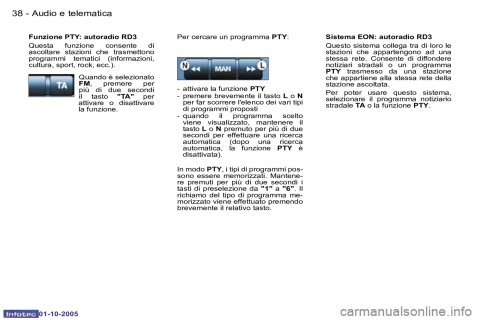 PEUGEOT 206 2005.5  Manuale duso (in Italian) �A�u�d�i�o� �e� �t�e�l�e�m�a�t�i�c�a�3�8 �-
�0�1�-�1�0�-�2�0�0�5
�3�9�A�u�d�i�o� �e� �t�e�l�e�m�a�t�i�c�a�-
�0�1�-�1�0�-�2�0�0�5
�S�i�s�t�e�m�a� �E�O�N�:� �a�u�t�o�r�a�d�i�o� �R�D�3 
�Q�u�e�s�t�o�  �s