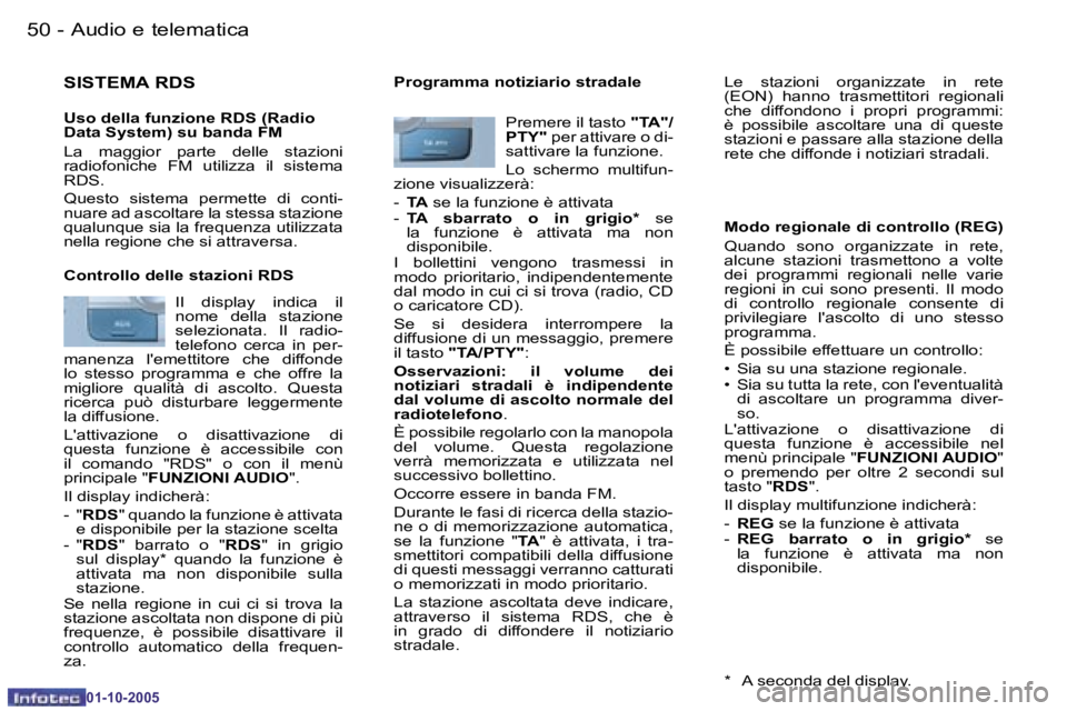PEUGEOT 206 2005.5  Manuale duso (in Italian) �5�0 �-�A�u�d�i�o� �e� �t�e�l�e�m�a�t�i�c�a
�0�1�-�1�0�-�2�0�0�5
�5�1
�-�A�u�d�i�o� �e� �t�e�l�e�m�a�t�i�c�a
�0�1�-�1�0�-�2�0�0�5
�S�I�S�T�E�M�A� �R�D�S
�U�s�o� �d�e�l�l�a� �f�u�n�z�i�o�n�e� �R�D�S� �