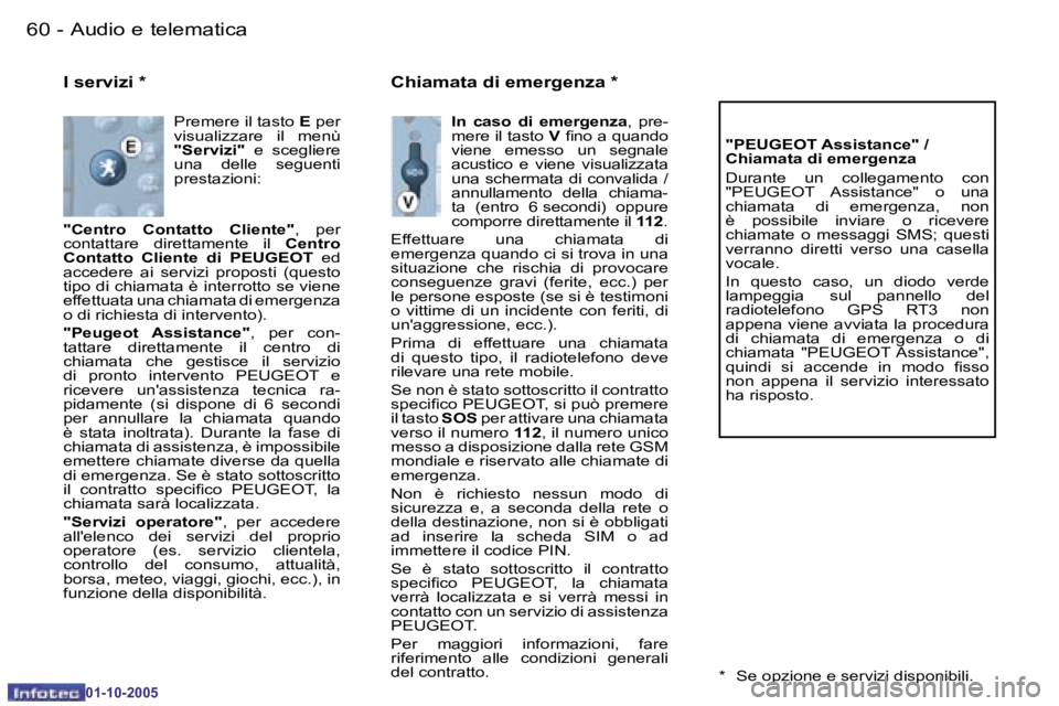 PEUGEOT 206 2005.5  Manuale duso (in Italian) �6�0 �-�A�u�d�i�o� �e� �t�e�l�e�m�a�t�i�c�a
�0�1�-�1�0�-�2�0�0�5
�6�1
�-�A�u�d�i�o� �e� �t�e�l�e�m�a�t�i�c�a
�0�1�-�1�0�-�2�0�0�5
�I� �s�e�r�v�i�z�i� �*
�P�r�e�m�e�r�e� �i�l� �t�a�s�t�o� 
�E� �p�e�r� 