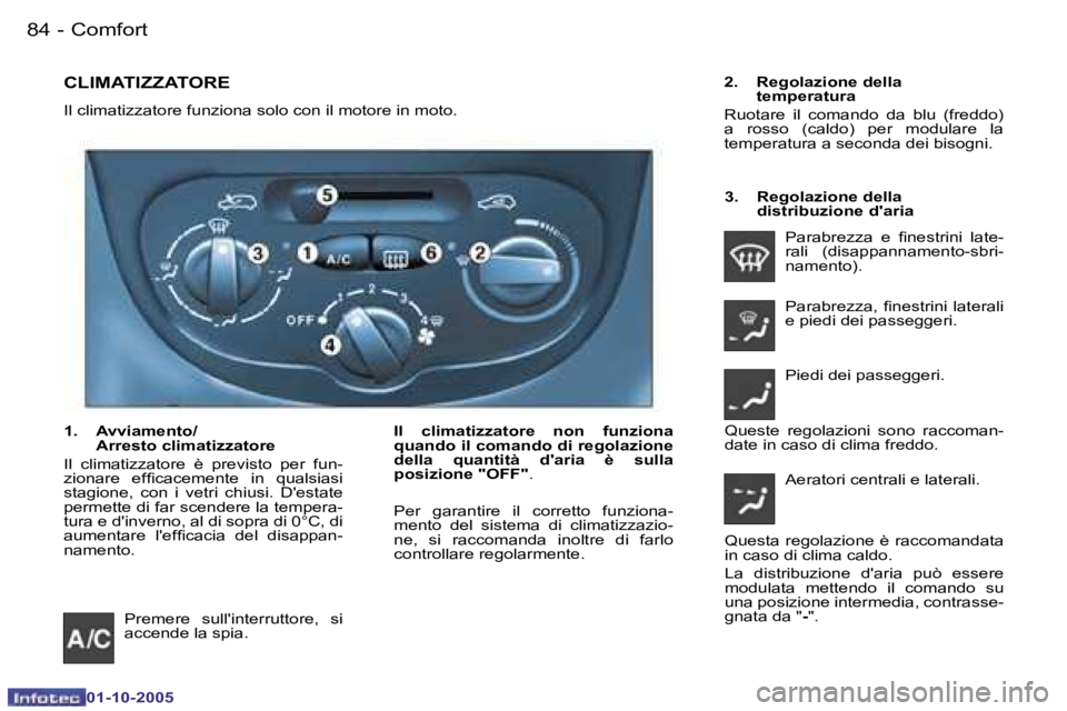 PEUGEOT 206 2005.5  Manuale duso (in Italian) �C�o�m�f�o�r�t�8�4 �-
�0�1�-�1�0�-�2�0�0�5
�8�5�C�o�m�f�o�r�t�-
�0�1�-�1�0�-�2�0�0�5
�C�L�I�M�A�T�I�Z�Z�A�T�O�R�E
�I�l� �c�l�i�m�a�t�i�z�z�a�t�o�r�e� �f�u�n�z�i�o�n�a� �s�o�l�o� �c�o�n� �i�l� �m�o�t�o