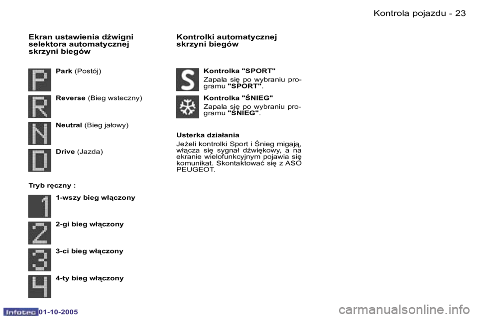 PEUGEOT 206 2005.5  Instrukcja obsługi (in Polish) �K�o�n�t�r�o�l�a� �p�o�j�a�z�d�u�2�2 �-
�0�1�-�1�0�-�2�0�0�5
�2�3�K�o�n�t�r�o�l�a� �p�o�j�a�z�d�u�-
�0�1�-�1�0�-�2�0�0�5
�E�k�r�a�n� �u�s�t�a�w�i�e�n�i�a� �dE�w�i�g�n�i�  
�s�e�l�e�k�t�o�r�a� �a�u�t�
