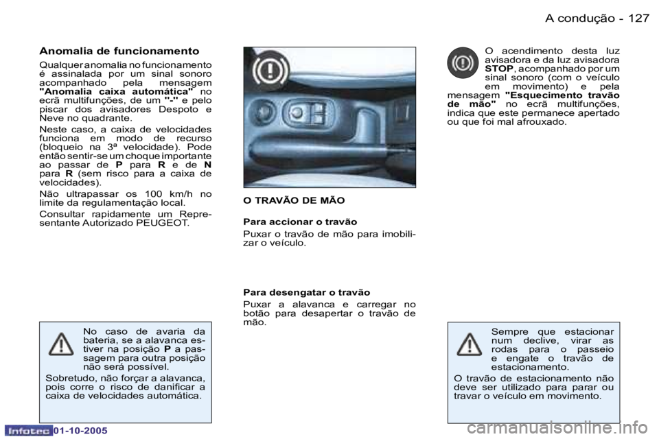 PEUGEOT 206 2005.5  Manual de utilização (in Portuguese) �A� �c�o�n�d�u�ç�ã�o�1�2�6 �-
�0�1�-�1�0�-�2�0�0�5
�1�2�7�A� �c�o�n�d�u�ç�ã�o�-
�0�1�-�1�0�-�2�0�0�5
�O� �T�R�A�V�Ã�O� �D�E� �M�Ã�O
�P�a�r�a� �a�c�c�i�o�n�a�r� �o� �t�r�a�v�ã�o�  
�P�u�x�a�r�  