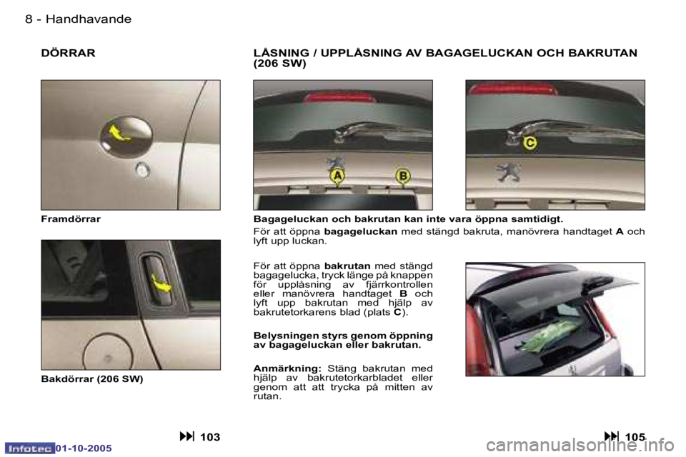 PEUGEOT 206 2005.5  Bruksanvisningar (in Swedish) �H�a�n�d�h�a�v�a�n�d�e�8 �-
�0�1�-�1�0�-�2�0�0�5
�9�H�a�n�d�h�a�v�a�n�d�e�-
�0�1�-�1�0�-�2�0�0�5
�D�Ö�R�R�A�R
�B�a�g�a�g�e�l�u�c�k�a�n� �o�c�h� �b�a�k�r�u�t�a�n� �k�a�n� �i�n�t�e� �v�a�r�a� �ö�p�p�n