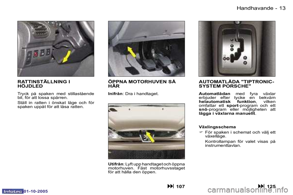 PEUGEOT 206 2005.5  Bruksanvisningar (in Swedish) �H�a�n�d�h�a�v�a�n�d�e�1�2 �-
�0�1�-�1�0�-�2�0�0�5
�1�3�H�a�n�d�h�a�v�a�n�d�e�-
�0�1�-�1�0�-�2�0�0�5
�A�U�T�O�M�A�T�L�Å�D�A� �"�T�I�P�T�R�O�N�I�C�- 
�S�Y�S�T�E�M� �P�O�R�S�C�H�E�"
�A�u�t�o�m�