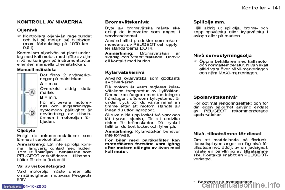 PEUGEOT 206 2005.5  Bruksanvisningar (in Swedish) �K�o�n�t�r�o�l�l�e�r�1�4�0 �-
�0�1�-�1�0�-�2�0�0�5
�1�4�1�K�o�n�t�r�o�l�l�e�r�-
�0�1�-�1�0�-�2�0�0�5
�K�O�N�T�R�O�L�L� �A�V� �N�I�V�Å�E�R�N�A
�O�l�j�e�n�i�v�å 
�F�  �K�o�n�t�r�o�l�l�e�r�a�  �o�l�j�e
