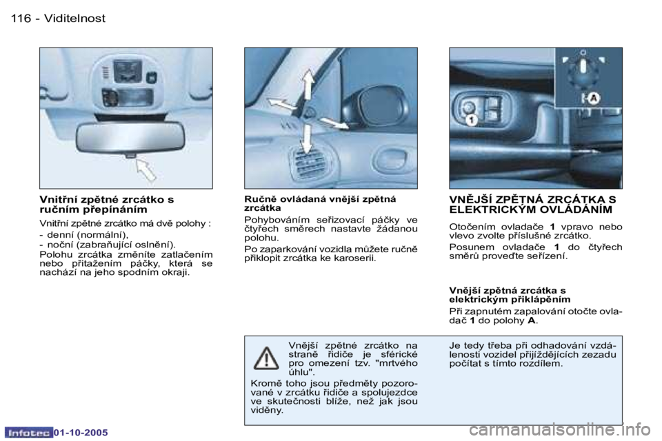 PEUGEOT 206 2005.5  Návod na použití (in Czech) �V�i�d�i�t�e�l�n�o�s�t�1�1�6 �-
�0�1�-�1�0�-�2�0�0�5
�V�n�i�t�n�í� �z�p)�t�n�é� �z�r�c�á�t�k�o� �s�  
�r�u�č�n�í�m� �p�e�p�í�n�á�n�í�m
�V�n�i�t9�n�í� �z�p)�t�n�é� �z�r�c�á�t�k�o� �m�