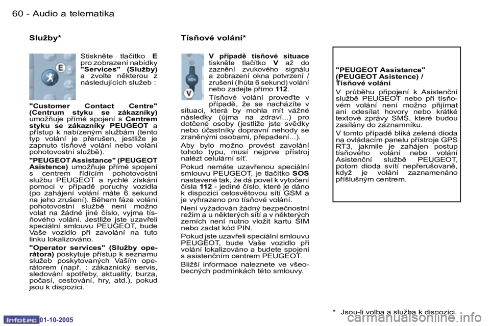 PEUGEOT 206 2005.5  Návod na použití (in Czech) �6�0 �-�A�u�d�i�o� �a� �t�e�l�e�m�a�t�i�k�a
�0�1�-�1�0�-�2�0�0�5
�6�1
�-�A�u�d�i�o� �a� �t�e�l�e�m�a�t�i�k�a
�0�1�-�1�0�-�2�0�0�5
�S�l�u�ž�b�y�*
�S�t�i�s�k�n)�t�e�  �t�l�a�č�í�t�k�o� 
�E� 
�p�r�o�