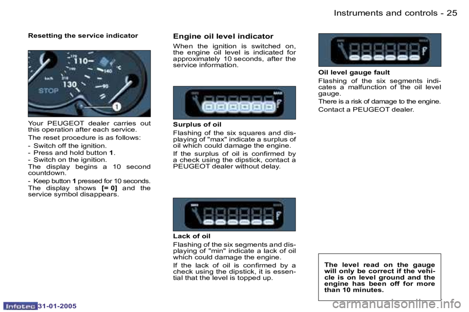 PEUGEOT 206 2004.5 Owners Manual �2�4 �-
�3�1�-�0�1�-�2�0�0�5
�2�5
�-
�3�1�-�0�1�-�2�0�0�5
�R�e�s�e�t�t�i�n�g� �t�h�e� �s�e�r�v�i�c�e� �i�n�d�i�c�a�t�o�r 
�Y�o�u�r�  �P�E�U�G�E�O�T�  �d�e�a�l�e�r�  �c�a�r�r�i�e�s�  �o�u�t�  
�t�h�i�s