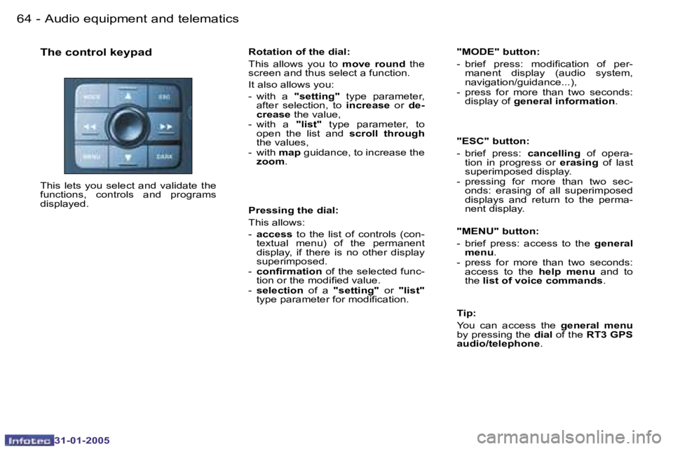 PEUGEOT 206 2004.5 Repair Manual �6�4 �-
�3�1�-�0�1�-�2�0�0�5
�6�5
�-
�3�1�-�0�1�-�2�0�0�5
�T�h�e� �c�o�n�t�r�o�l� �k�e�y�p�a�d
�T�h�i�s�  �l�e�t�s�  �y�o�u�  �s�e�l�e�c�t�  �a�n�d�  �v�a�l�i�d�a�t�e�  �t�h�e�  
�f�u�n�c�t�i�o�n�s�,�
