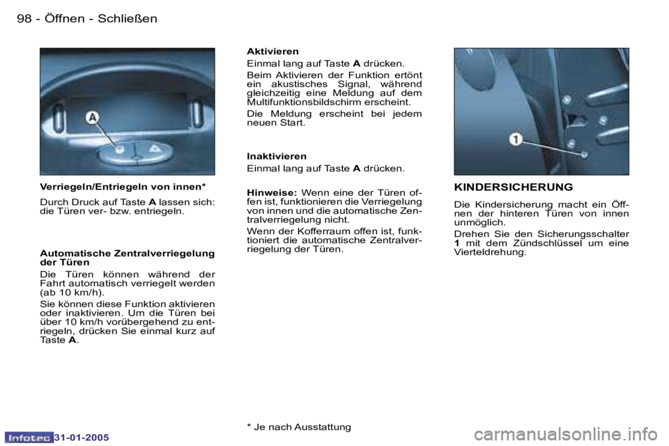 PEUGEOT 206 2004.5  Betriebsanleitungen (in German) �9�8 �-
�3�1�-�0�1�-�2�0�0�5
�9�9
�-
�3�1�-�0�1�-�2�0�0�5
�K�I�N�D�E�R�S�I�C�H�E�R�U�N�G� 
�D�i�e�  �K�i�n�d�e�r�s�i�c�h�e�r�u�n�g�  �m�a�c�h�t�  �e�i�n�  �Ö�f�f�- 
�n�e�n�  �d�e�r�  �h�i�n�t�e�r�e�n