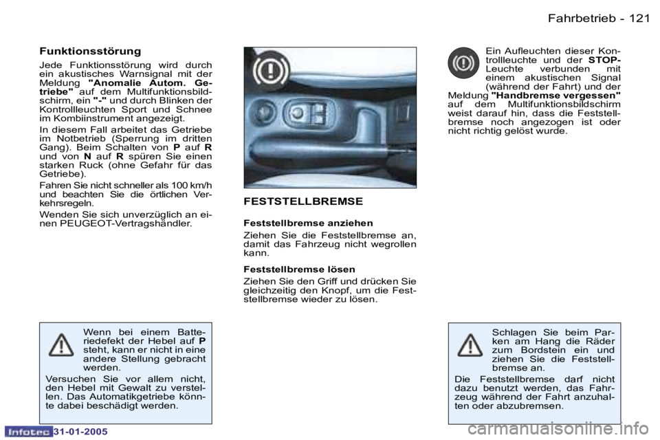 PEUGEOT 206 2004.5  Betriebsanleitungen (in German) �1�2�0 �-
�3�1�-�0�1�-�2�0�0�5
�1�2�1
�-
�3�1�-�0�1�-�2�0�0�5
�F�E�S�T�S�T�E�L�L�B�R�E�M�S�E
�F�e�s�t�s�t�e�l�l�b�r�e�m�s�e� �a�n�z�i�e�h�e�n 
�Z�i�e�h�e�n�  �S�i�e�  �d�i�e�  �F�e�s�t�s�t�e�l�l�b�r�e