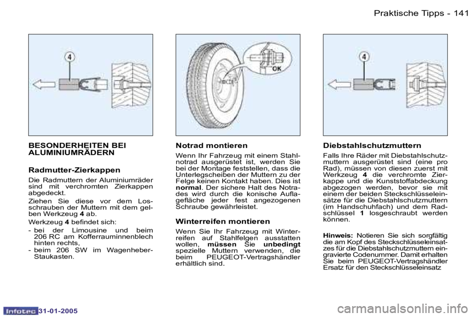 PEUGEOT 206 2004.5  Betriebsanleitungen (in German) �1�4�0 �-
�3�1�-�0�1�-�2�0�0�5
�1�4�1
�-
�3�1�-�0�1�-�2�0�0�5
�B�E�S�O�N�D�E�R�H�E�I�T�E�N� �B�E�I�  
�A�L�U�M�I�N�I�U�M�R�Ä�D�E�R�N
�R�a�d�m�u�t�t�e�r�-�Z�i�e�r�k�a�p�p�e�n
�D�i�e�  �R�a�d�m�u�t�t�e