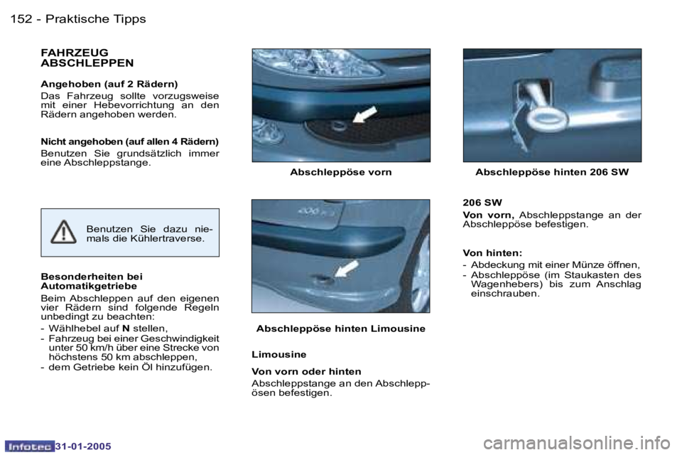 PEUGEOT 206 2004.5  Betriebsanleitungen (in German) �1�5�2 �-
�3�1�-�0�1�-�2�0�0�5
�1�5�3
�-
�3�1�-�0�1�-�2�0�0�5
�A�b�s�c�h�l�e�p�p�ö�s�e� �v�o�r�n�  �A�b�s�c�h�l�e�p�p�ö�s�e� �h�i�n�t�e�n� �2�0�6� �S�W
�F�A�H�R�Z�E�U�G�  
�A�B�S�C�H�L�E�P�P�E�N
�A�