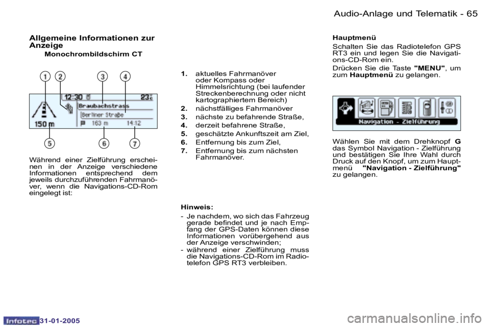 PEUGEOT 206 2004.5  Betriebsanleitungen (in German) �6�4 �-
�3�1�-�0�1�-�2�0�0�5
�6�5
�-
�3�1�-�0�1�-�2�0�0�5
�A�l�l�g�e�m�e�i�n�e� �I�n�f�o�r�m�a�t�i�o�n�e�n� �z�u�r�  
�A�n�z�e�i�g�e
�M�o�n�o�c�h�r�o�m�b�i�l�d�s�c�h�i�r�m� �C�T �H�a�u�p�t�m�e�n�ü 
�