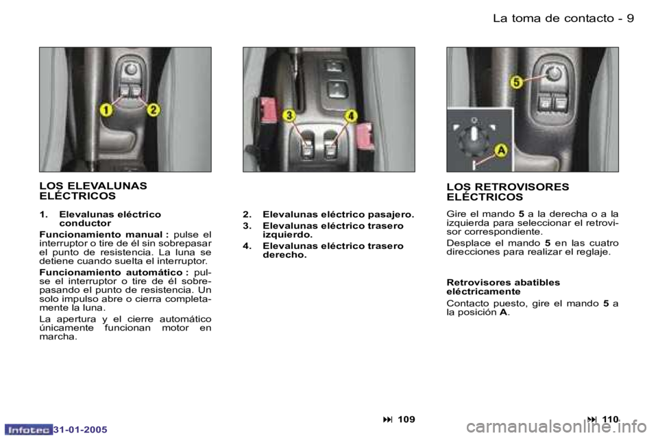 PEUGEOT 206 2004.5  Manual del propietario (in Spanish) �8 �-
�3�1�-�0�1�-�2�0�0�5
�9
�-
�3�1�-�0�1�-�2�0�0�5
�L�O�S� �E�L�E�V�A�L�U�N�A�S�  
�E�L�É�C�T�R�I�C�O�S� 
�:� 
�1�0�9
�2�.�  �E�l�e�v�a�l�u�n�a�s� �e�l�é�c�t�r�i�c�o� �p�a�s�a�j�e�r�o�. 
�3�.�  �