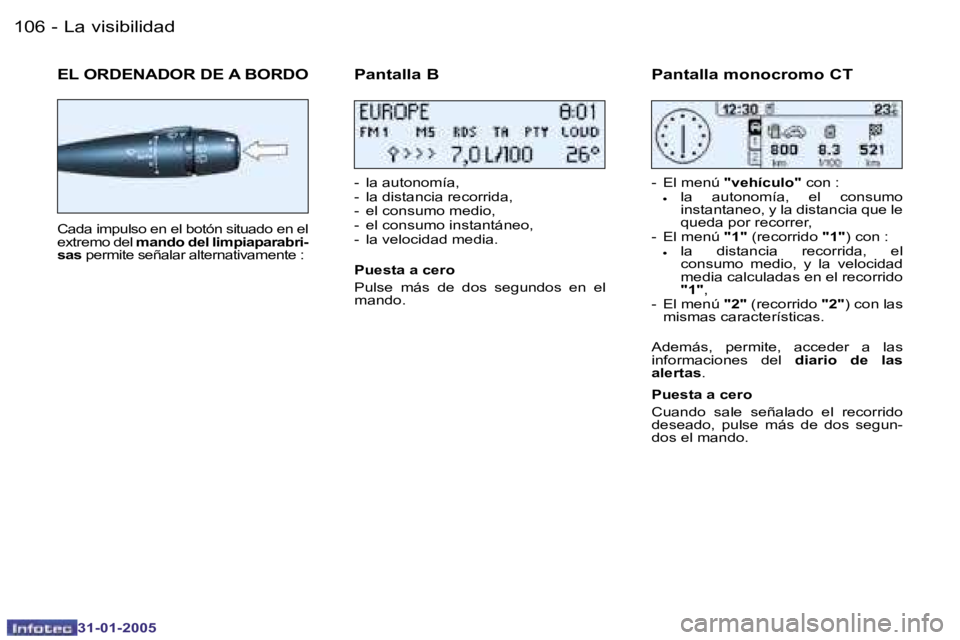 PEUGEOT 206 2004.5  Manual del propietario (in Spanish) �1�0�6 �-
�3�1�-�0�1�-�2�0�0�5
�1�0�7
�-
�3�1�-�0�1�-�2�0�0�5
�E�L� �O�R�D�E�N�A�D�O�R� �D�E� �A� �B�O�R�D�O
�C�a�d�a� �i�m�p�u�l�s�o� �e�n� �e�l� �b�o�t�ó�n� �s�i�t�u�a�d�o� �e�n� �e�l�  
�e�x�t�r�e