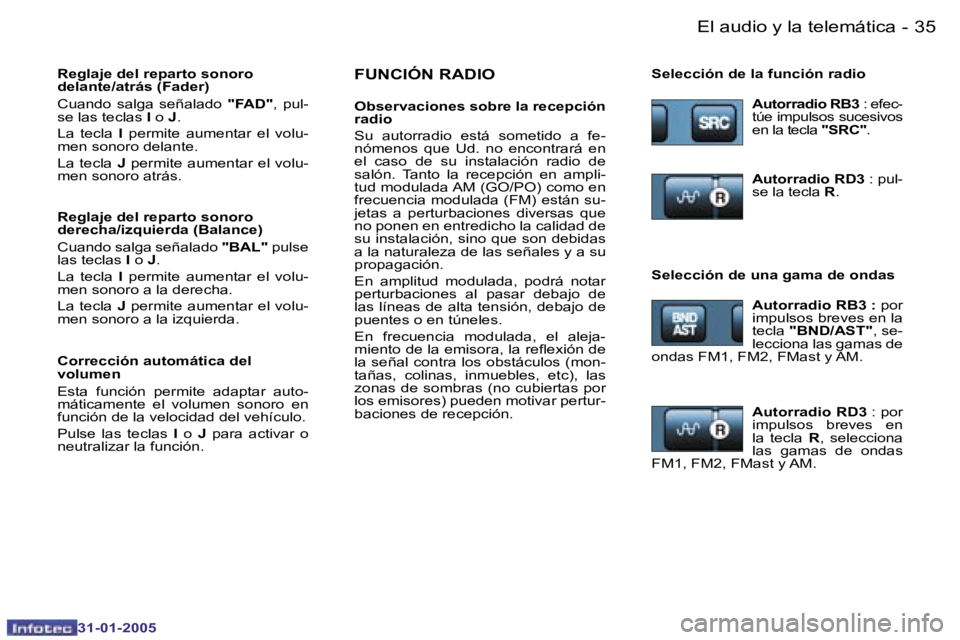 PEUGEOT 206 2004.5  Manual del propietario (in Spanish) �3�4 �-
�3�1�-�0�1�-�2�0�0�5
�3�5
�-
�3�1�-�0�1�-�2�0�0�5
�F�U�N�C�I�Ó�N� �R�A�D�I�O
�O�b�s�e�r�v�a�c�i�o�n�e�s� �s�o�b�r�e� �l�a� �r�e�c�e�p�c�i�ó�n�  
�r�a�d�i�o 
�S�u�  �a�u�t�o�r�r�a�d�i�o�  �e�