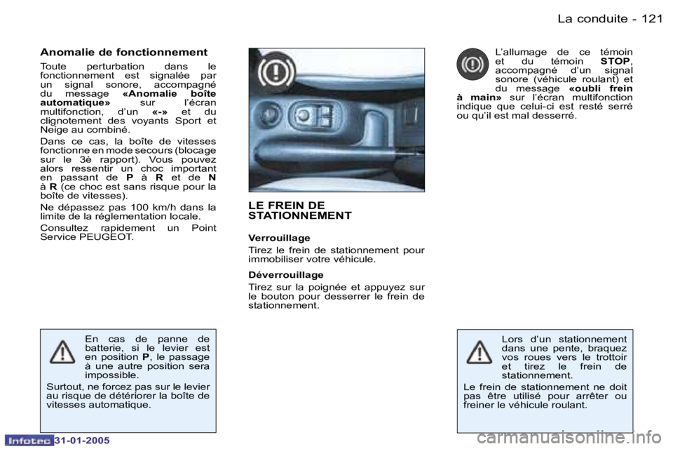 PEUGEOT 206 2004.5  Manuel du propriétaire (in French) �1�2�0 �-
�3�1�-�0�1�-�2�0�0�5
�1�2�1
�-
�3�1�-�0�1�-�2�0�0�5
�L�E� �F�R�E�I�N� �D�E�  
�S�T�A�T�I�O�N�N�E�M�E�N�T
�V�e�r�r�o�u�i�l�l�a�g�e 
�T�i�r�e�z�  �l�e�  �f�r�e�i�n�  �d�e�  �s�t�a�t�i�o�n�n�e�