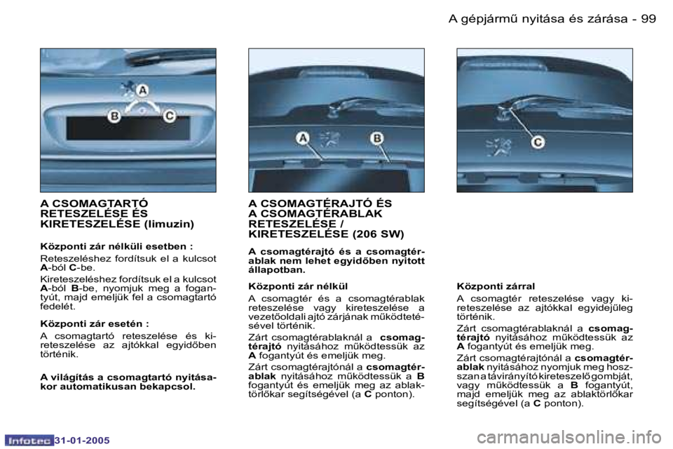PEUGEOT 206 2004.5  Kezelési útmutató (in Hungarian) �9�8 �-
�3�1�-�0�1�-�2�0�0�5
�9�9
�-
�3�1�-�0�1�-�2�0�0�5
�A� �C�S�O�M�A�G�T�A�R�T�Ó�  
�R�E�T�E�S�Z�E�L�É�S�E� �É�S� 
�K�I�R�E�T�E�S�Z�E�L�É�S�E� �(�l�i�m�u�z�i�n�)
�K�ö�z�p�o�n�t�i� �z�á�r� �n