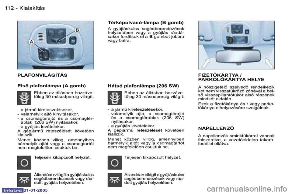 PEUGEOT 206 2004.5  Kezelési útmutató (in Hungarian) �1�1�2 �-
�3�1�-�0�1�-�2�0�0�5
�1�1�3
�-
�3�1�-�0�1�-�2�0�0�5
�P�L�A�F�O�N�V�I�L�Á�G�Í�T�Á�S
�E�l�s5� �p�l�a�f�o�n�l�á�m�p�a� �(�A� �g�o�m�b�) �T�é�r�k�é�p�o�l�v�a�s�ó�-�l�á�m�p�a� �(�B� �g�o