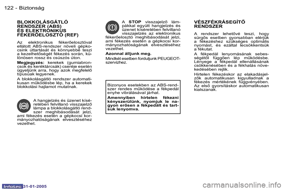 PEUGEOT 206 2004.5  Kezelési útmutató (in Hungarian) �1�2�2 �-
�3�1�-�0�1�-�2�0�0�5
�1�2�3
�-
�3�1�-�0�1�-�2�0�0�5
�B�L�O�K�K�O�L�Á�S�G�Á�T�L�Ó�  
�R�E�N�D�S�Z�E�R� �(�A�B�S�)� 
�É�S� �E�L�E�K�T�R�O�N�I�K�U�S� 
�F�É�K�E�R4�E�L�O�S�Z�T�Ó� �(�R�E�F