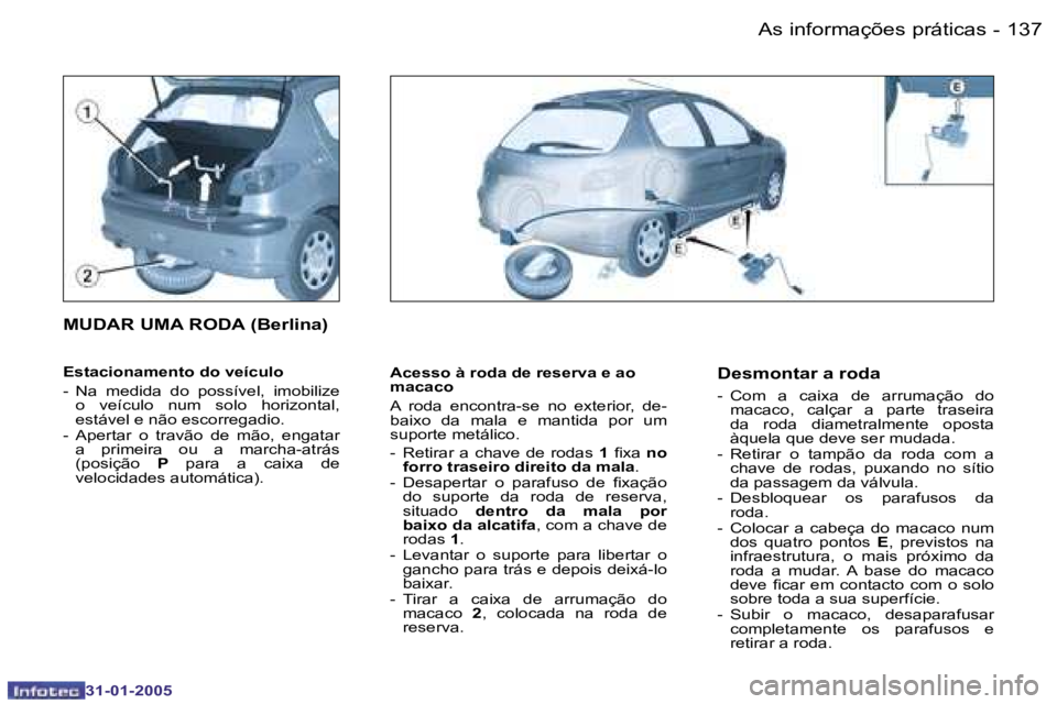 PEUGEOT 206 2004.5  Manual de utilização (in Portuguese) �1�3�7
�-
�3�1�-�0�1�-�2�0�0�5
�A�c�e�s�s�o� �à� �r�o�d�a� �d�e� �r�e�s�e�r�v�a� �e� �a�o�  
�m�a�c�a�c�o 
�A�  �r�o�d�a�  �e�n�c�o�n�t�r�a�-�s�e�  �n�o�  �e�x�t�e�r�i�o�r�,�  �d�e�- 
�b�a�i�x�o�  �d