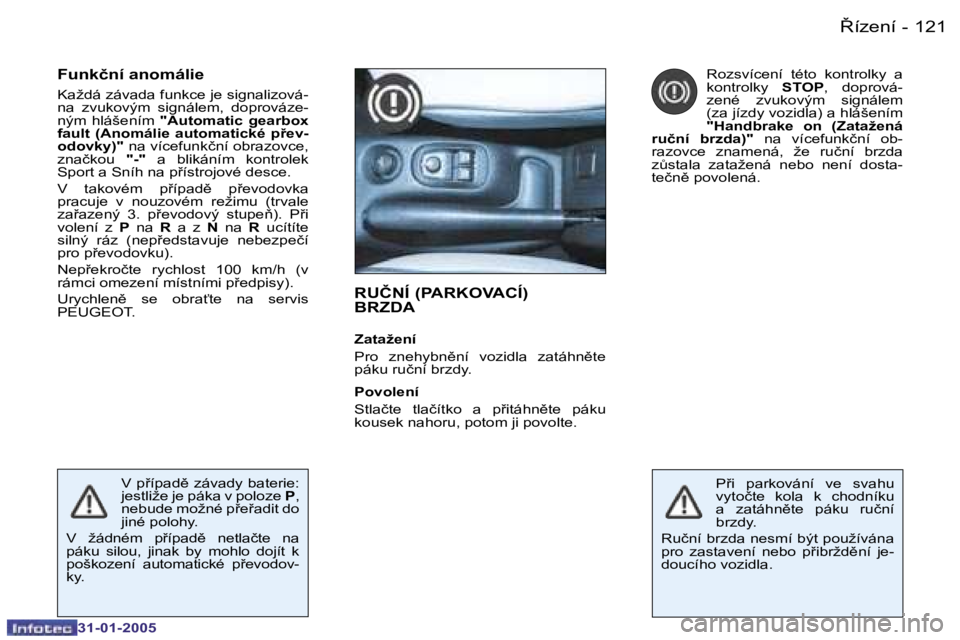 PEUGEOT 206 2004.5  Návod na použití (in Czech) �1�2�0 �-
�3�1�-�0�1�-�2�0�0�5
�1�2�1
�-
�3�1�-�0�1�-�2�0�0�5
�R�U�Č�N�Í� �(�P�A�R�K�O�V�A�C�Í�)�  
�B�R�Z�D�A
�Z�a�t�a�ž�e�n�í 
�P�r�o�  �z�n�e�h�y�b�n)�n�í�  �v�o�z�i�d�l�a�  �z�a�t�á�h�n)�
