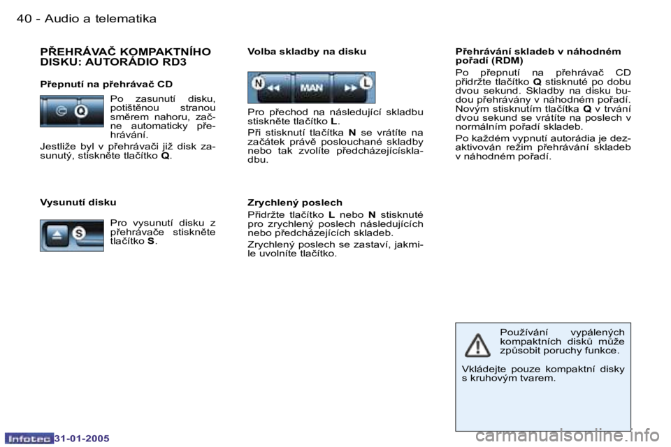 PEUGEOT 206 2004.5  Návod na použití (in Czech) �4�0 �-
�3�1�-�0�1�-�2�0�0�5
�4�1
�-
�3�1�-�0�1�-�2�0�0�5
�V�y�s�u�n�u�t�í� �d�i�s�k�u �V�o�l�b�a� �s�k�l�a�d�b�y� �n�a� �d�i�s�k�u �P9�e�h�r�á�v�á�n�í� �s�k�l�a�d�e�b� �v� �n�á�h�o�d�n�é�m� 
�