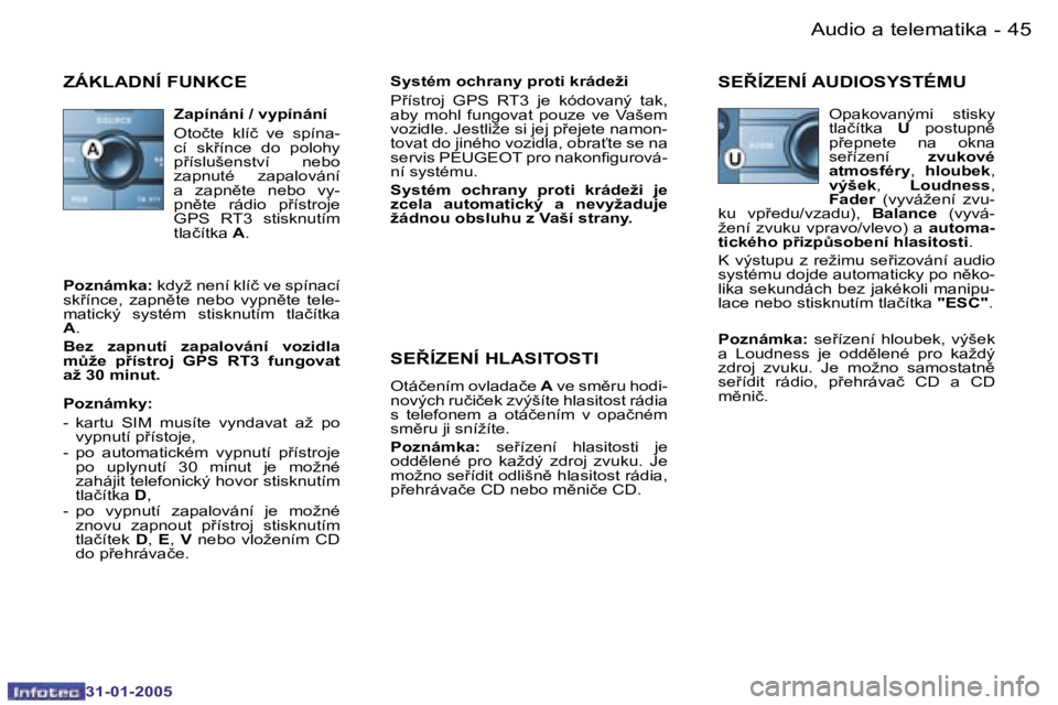 PEUGEOT 206 2004.5  Návod na použití (in Czech) �4�4 �-
�3�1�-�0�1�-�2�0�0�5
�4�5
�-
�3�1�-�0�1�-�2�0�0�5
�Z�Á�K�L�A�D�N�Í� �F�U�N�K�C�E�S�y�s�t�é�m� �o�c�h�r�a�n�y� �p�r�o�t�i� �k�r�á�d�e�ž�i 
�P9�í�s�t�r�o�j�  �G�P�S�  �R�T�3�  �j�e�  �k�