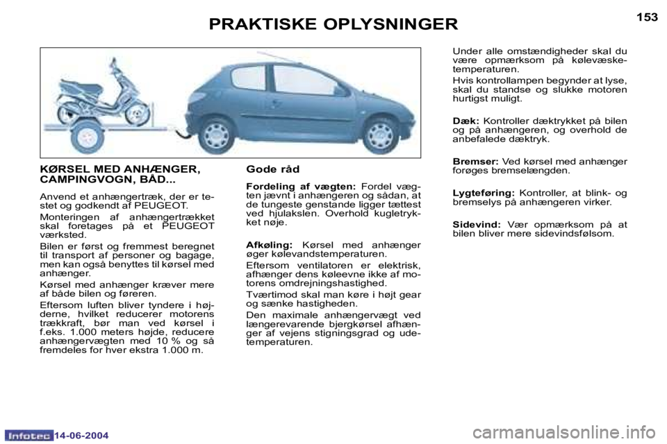 PEUGEOT 206 2004  Brugsanvisning (in Danish) �1�5�2
�1�4�-�0�6�-�2�0�0�4
�1�5�3
�1�4�-�0�6�-�2�0�0�4
�P�R�A�K�T�I�S�K�E� �O�P�L�Y�S�N�I�N�G�E�R
�K�Ø�R�S�E�L� �M�E�D� �A�N�H�Æ�N�G�E�R�,�  
�C�A�M�P�I�N�G�V�O�G�N�,� �B�Å�D�.�.�.
�A�n�v�e�n�d�  