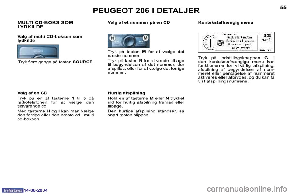 PEUGEOT 206 2004  Brugsanvisning (in Danish) �5�4
�1�4�-�0�6�-�2�0�0�4
�5�5
�1�4�-�0�6�-�2�0�0�4
�P�E�U�G�E�O�T� �2�0�6� �I� �D�E�T�A�L�J�E�R
�T�r�y�k�  �p�å�  �t�a�s�t�e�n� �M� �f�o�r�  �a�t�  �v�æ�l�g�e�  �d�e�t� 
�n�æ�s�t�e� �n�u�m�m�e�r�.