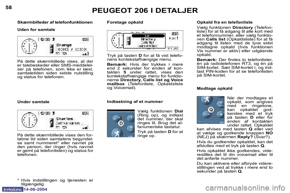 PEUGEOT 206 2004  Brugsanvisning (in Danish) �5�8
�1�4�-�0�6�-�2�0�0�4
�5�9
�1�4�-�0�6�-�2�0�0�4
�S�k�æ�r�m�b�i�l�l�e�d�e�r� �a�f� �t�e�l�e�f�o�n�f�u�n�k�t�i�o�n�e�n 
�U�d�e�n� �f�o�r� �s�a�m�t�a�l�e 
�U�n�d�e�r� �s�a�m�t�a�l�e
�P�E�U�G�E�O�T� 