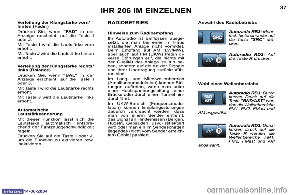PEUGEOT 206 2004  Betriebsanleitungen (in German) �3�6
�1�4�-�0�6�-�2�0�0�4
�3�7
�1�4�-�0�6�-�2�0�0�4
�I�H�R� �2�0�6� �I�M� �E�I�N�Z�E�L�N�E�N�R�A�D�I�O�B�E�T�R�I�E�B
�H�i�n�w�e�i�s�e� �z�u�m� �R�a�d�i�o�e�m�p�f�a�n�g�  
�I�h�r�  �A�u�t�o�r�a�d�i�o� 