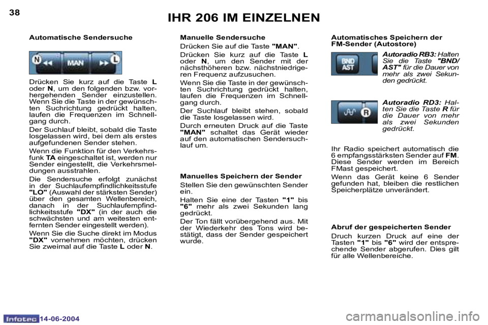 PEUGEOT 206 2004  Betriebsanleitungen (in German) �3�8
�1�4�-�0�6�-�2�0�0�4
�3�9
�1�4�-�0�6�-�2�0�0�4
�I�H�R� �2�0�6� �I�M� �E�I�N�Z�E�L�N�E�N
�M�a�n�u�e�l�l�e� �S�e�n�d�e�r�s�u�c�h�e�  
�D�r�ü�c�k�e�n� �S�i�e� �a�u�f� �d�i�e� �T�a�s�t�e� �"�M�A