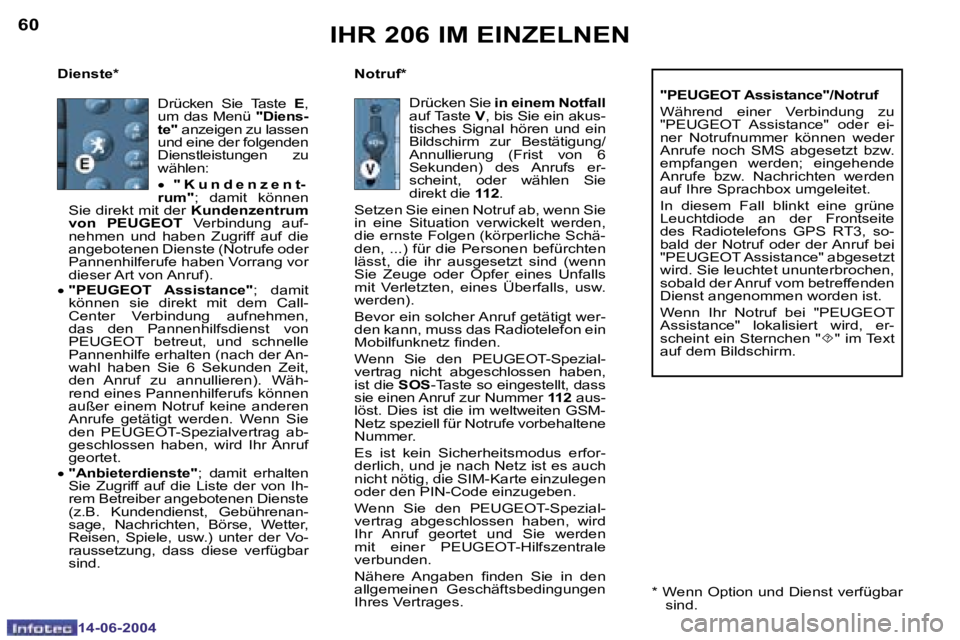 PEUGEOT 206 2004  Betriebsanleitungen (in German) �6�0
�1�4�-�0�6�-�2�0�0�4
�6�1
�1�4�-�0�6�-�2�0�0�4
�D�i�e�n�s�t�e�*�  �N�o�t�r�u�f�*� �"�P�E�U�G�E�O�T� �A�s�s�i�s�t�a�n�c�e�"�/�N�o�t�r�u�f 
�W�ä�h�r�e�n�d�  �e�i�n�e�r�  �V�e�r�b�i�n�d�u�n